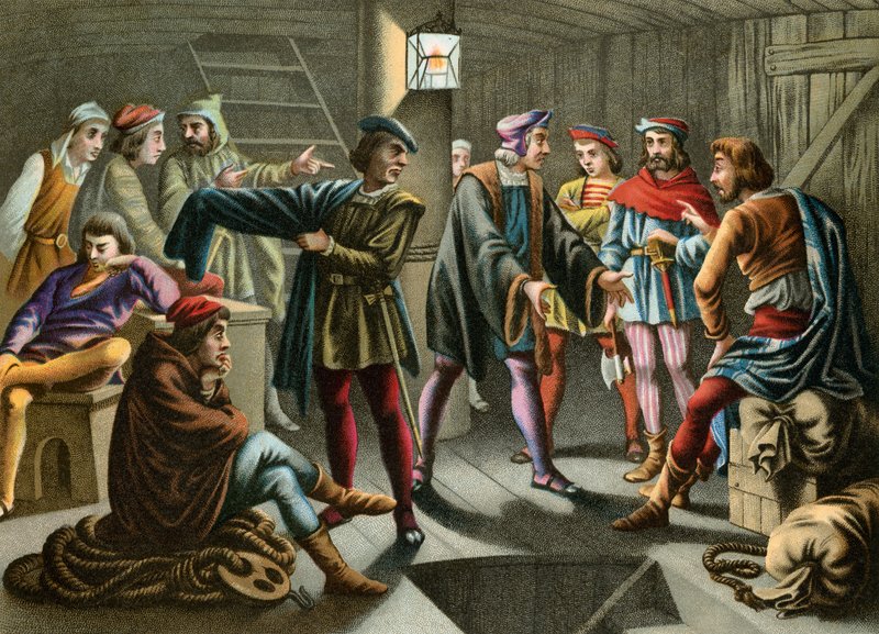 Columbus roer ned et plott som brygger om bord av Spanish School