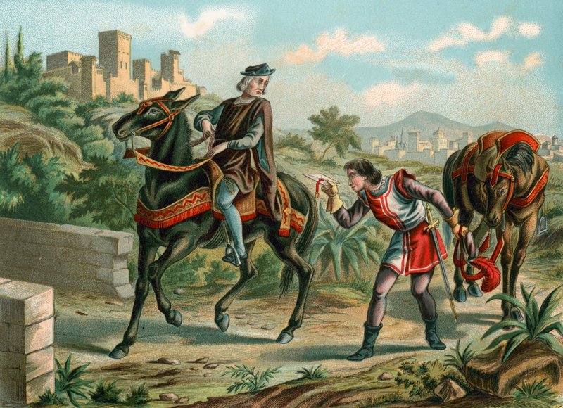 Columbus mottar en melding fra dronningen som godtar forslagene hans av Spanish School