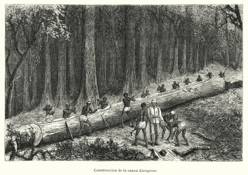 Bygging av kanoen Livingstone, Kongo (litho) av Spanish School
