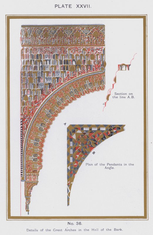 Detaljer om de store buene i Hall of the Bark (farge litho) av Spanish School