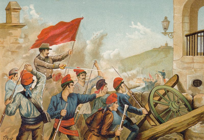 Kamp mellom republikanske frivillige og soldater, Sarria, Barcelona, 1874 av Spanish School