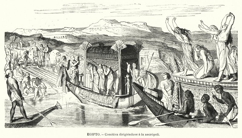 Begravelsesfest på vei til en nekropolis i det gamle Egypt (litho) av Spanish School