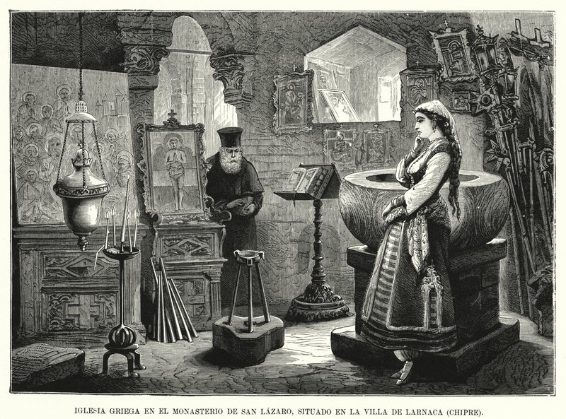 Gresk-ortodokse kirke i klosteret St. Lazarus, Larnaka, Kypros (litho) av Spanish School