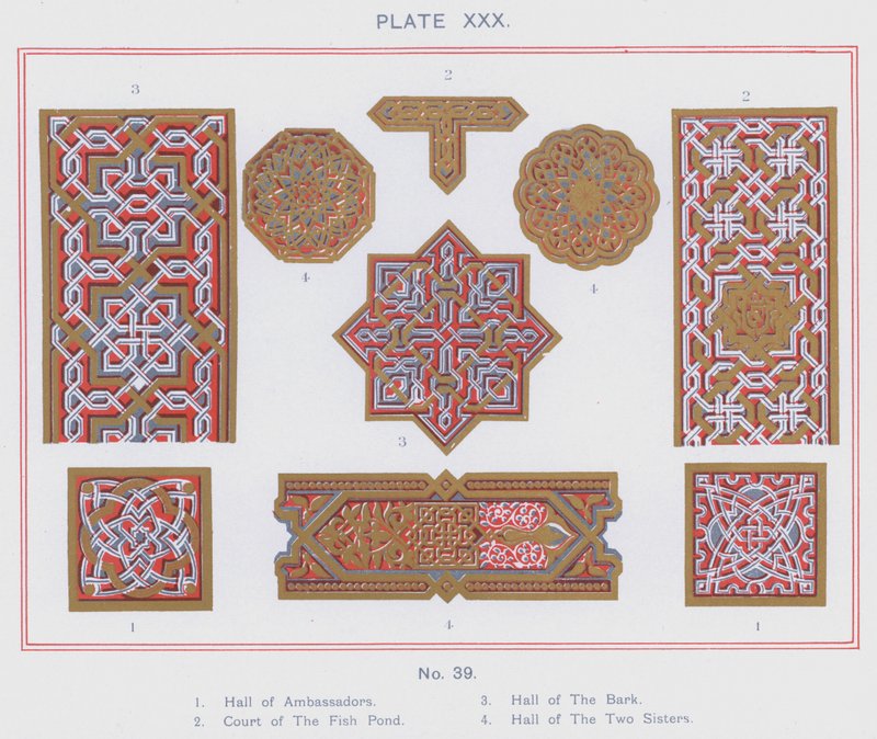 Hall of Ambassadors, Court of The Fish Pond, Hall of The Bark, Hall of The Two Sisters (farge litho) av Spanish School