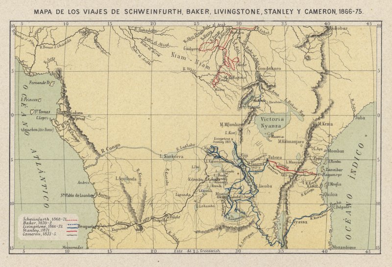 Kart som viser reisene til oppdagelsesreisende Georg August Schweinfurth, Samuel Baker, David Livingstone, Henry Morton Stanley og Verney Lovett Cameron i Afrika av Spanish School