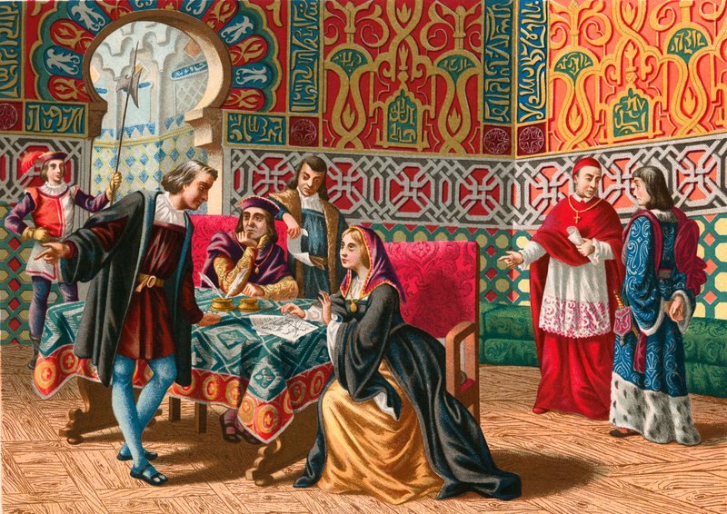 Møte mellom Columbus og Ferdinand og Isabel før oppdagelsesreisen av Spanish School