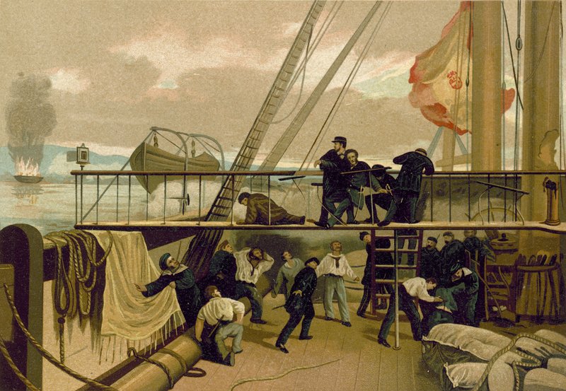 Mendez Nunez såret under bombardementet av Callao, Peru, 1866 av Spanish School