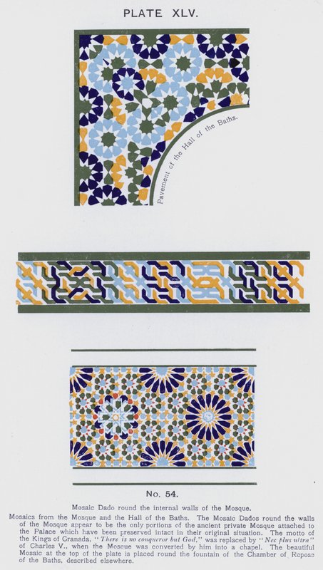 Mosaikk Dado rundt de indre veggene til moskeen (farge litho) av Spanish School