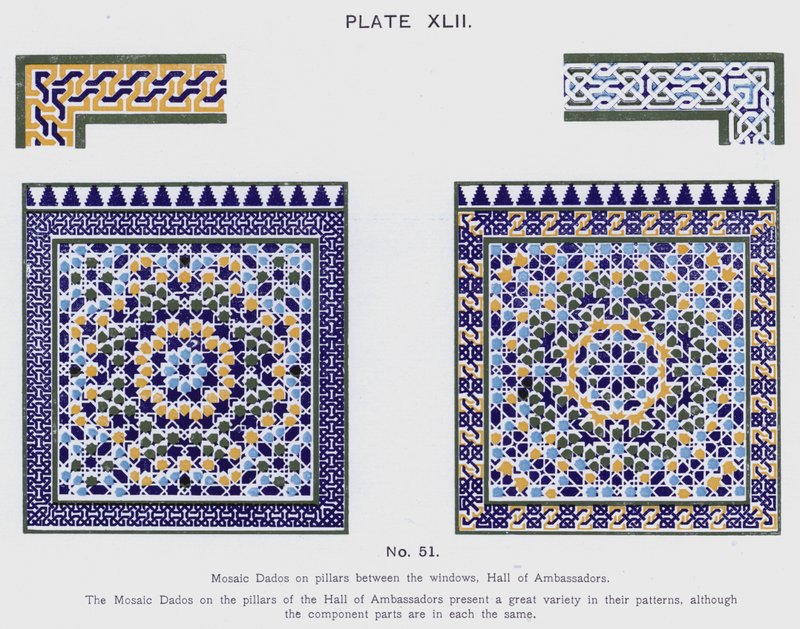 Mosaikk Dados på søyler mellom vinduene, Hall of Ambassadors (farge litho) av Spanish School