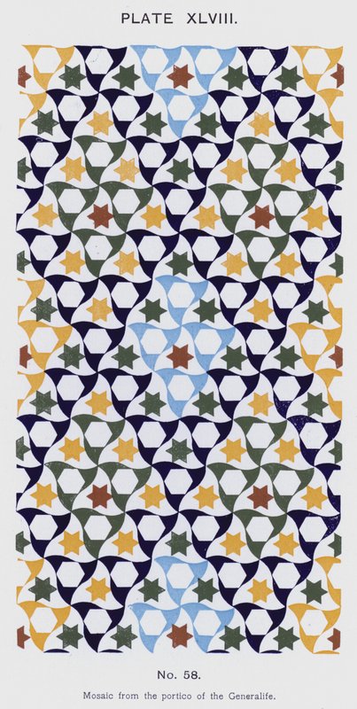 Mosaikk fra portikken til Generalife (farge litho) av Spanish School