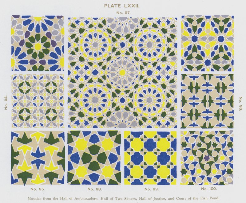 Mosaikker fra Hall of Ambassadors, Hall of Two Sisters, Hall of Justice og Court of the Fish Pond (farge litho) av Spanish School