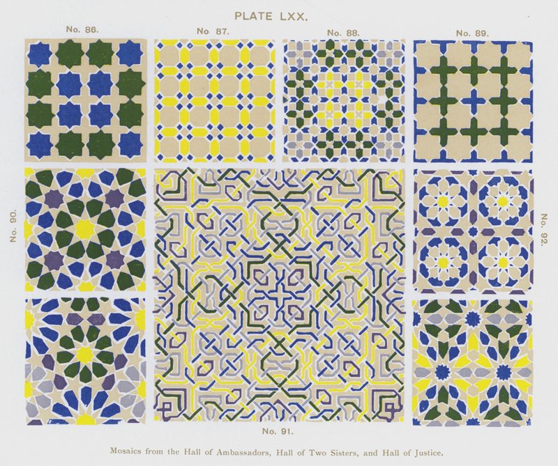 Mosaikker fra Hall of Ambassadors, Hall of Two Sisters og Hall of Justice (farge litho) av Spanish School