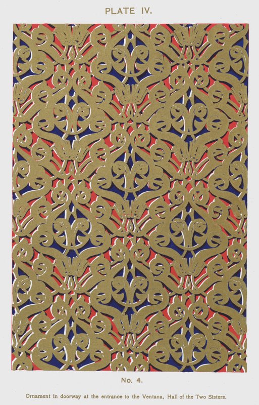 Ornament i døråpning ved inngangen til Ventana, Hall of the Two Sisters (farge litho) av Spanish School