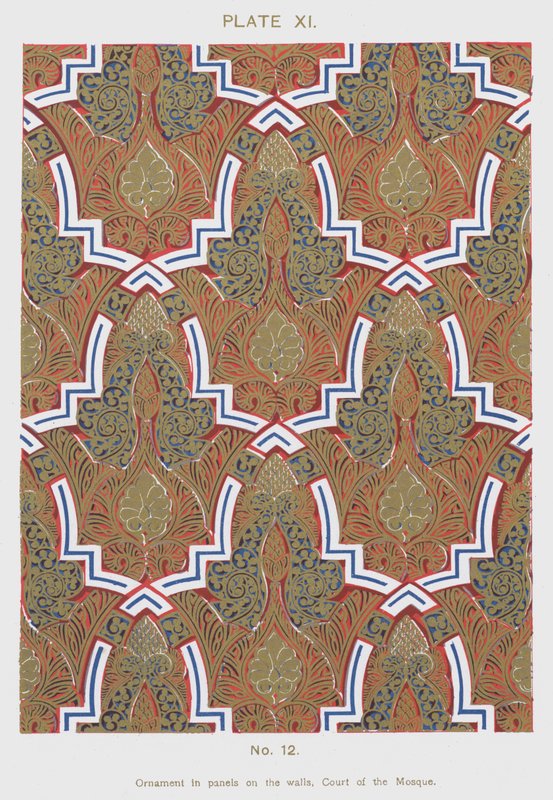 Ornament i paneler på veggene, Court of the Mosque (farge litho) av Spanish School