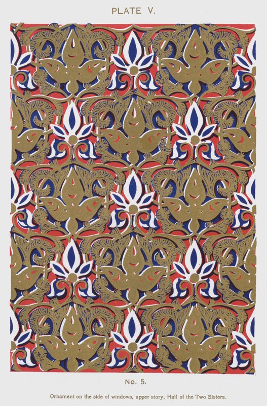 Ornament på siden av vinduer, øvre etasje, Hall of the Two Sisters (farge litho) av Spanish School