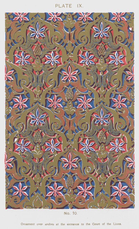 Ornament over buer ved inngangen til Lions Court (farge litho) av Spanish School