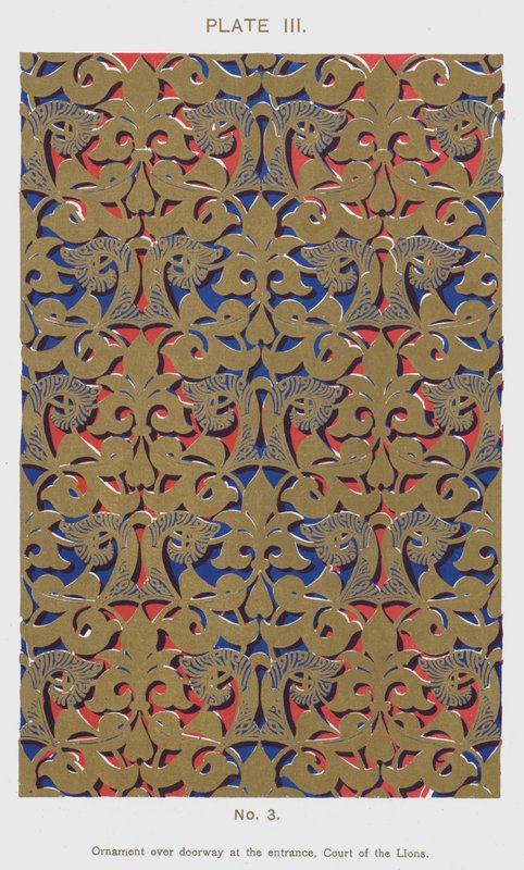 Ornament over døråpning ved inngangen, Court of the Lions (farge litho) av Spanish School