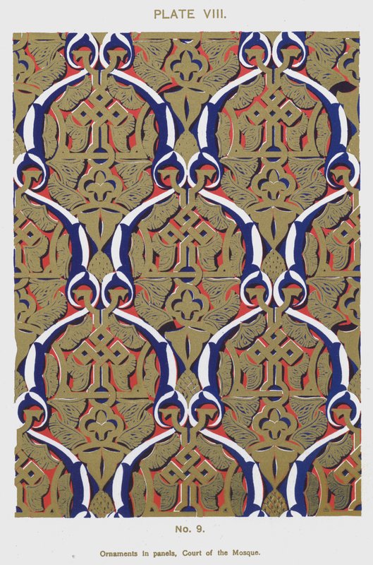 Ornamenter i paneler, Court of the Mosque (farge litho) av Spanish School