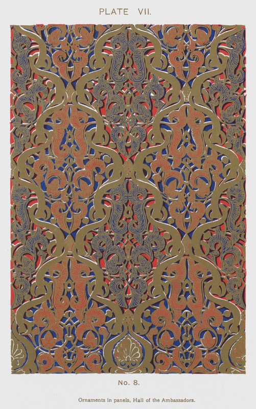 Ornamenter i paneler, Hall of the Ambassadors (farge litho) av Spanish School