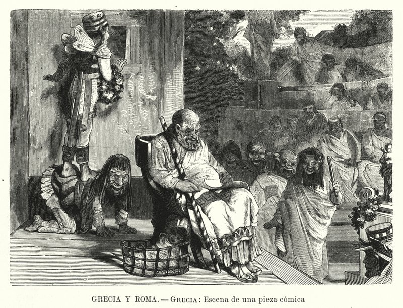 Fremføring av en komedie i et teater i antikkens Hellas (litho) av Spanish School