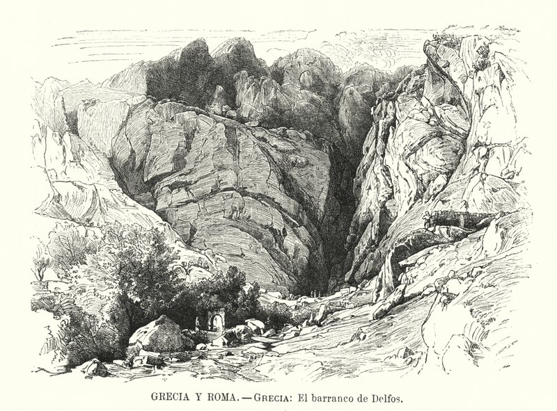 Delphi-ravinen, Hellas (litho) av Spanish School