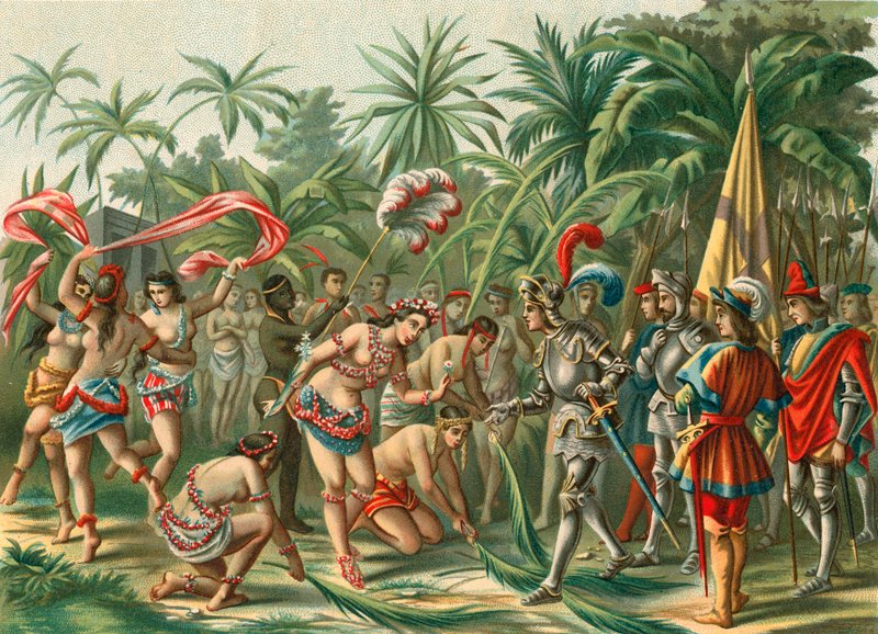 Mottak fra Anacaona, kalt Golden Flower, på Hispaniola for Bartholomew Columbus og Hermano del Almirante av Spanish School
