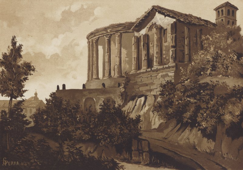 Romerske templer i Tiburtine Sibyl og Vesta, Tivoli, Italia av Spanish School