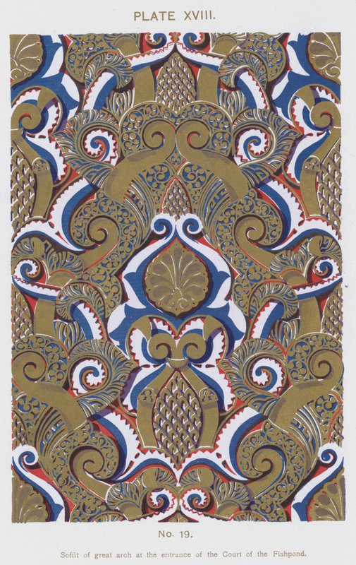 Soffit av stor bue ved inngangen til Court of the Fishpond (farge litho) av Spanish School