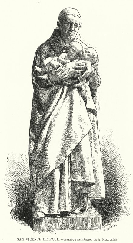 St Vincent de Paul , fransk katolsk prest, marmorstatue av Jean Alexandre Joseph Falguiere (litho) av Spanish School