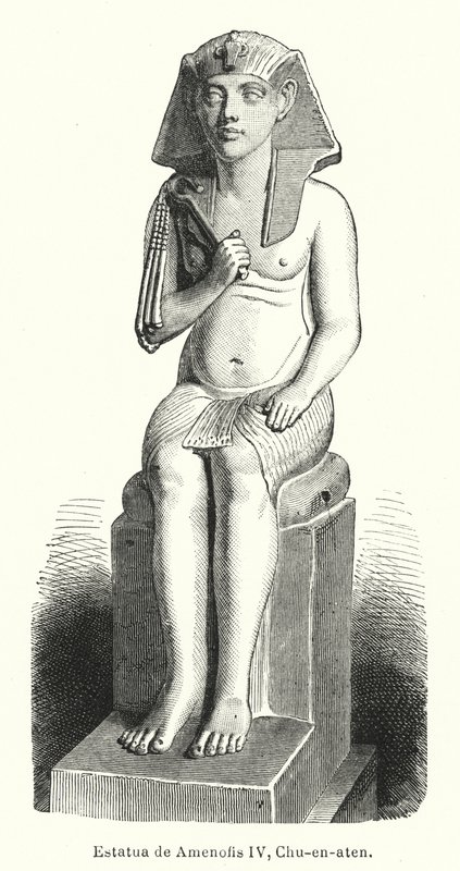 Statue av den gamle egyptiske faraoen Amenhotep IV (Akhenaten) (litho) av Spanish School