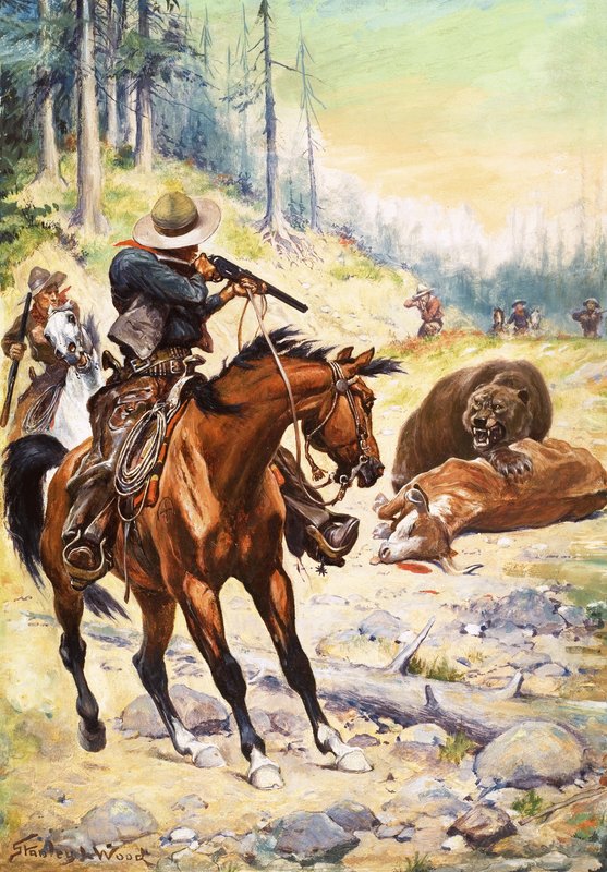 Amerikanske cowboyer omgir en bjørn huket over kroppen til en ku av Stanley L. Wood