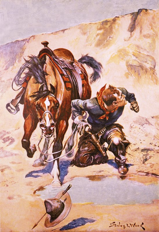 Cowboy forfulgt av indianere. av Stanley L. Wood
