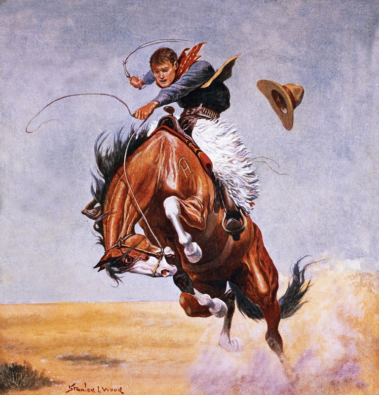 Cowboy prøver å bryte inn en hest av Stanley L. Wood