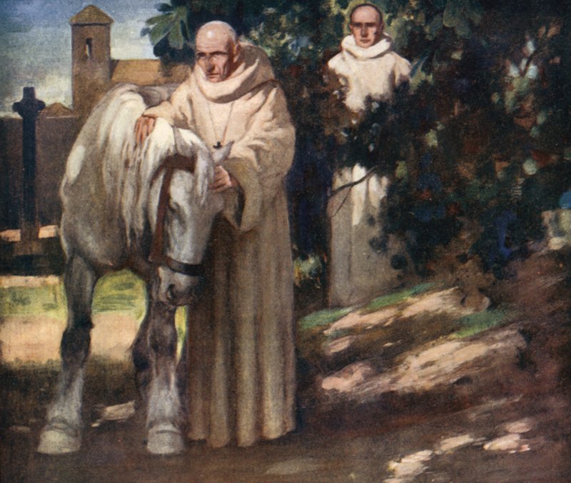 Saint Columba og den hvite hesten (farge litho) av Stephen Reid
