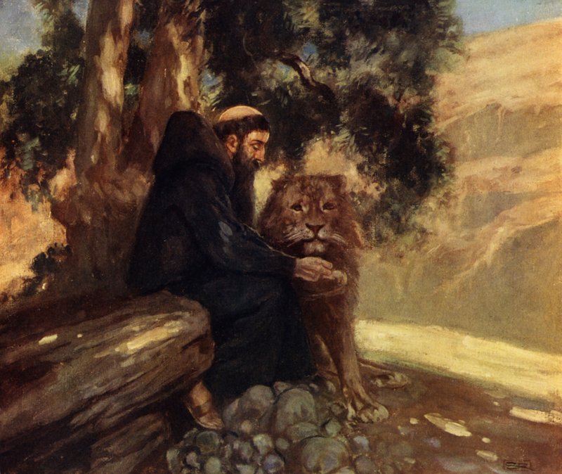 Saint Hieronymus og løven (farge litho) av Stephen Reid