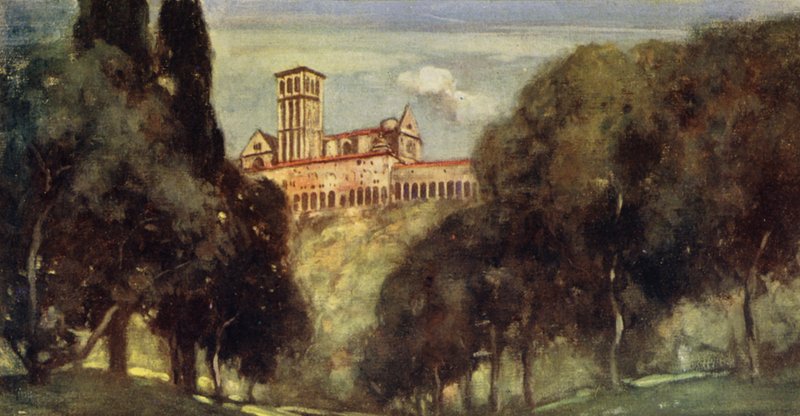 Klosteret og basilikaen Saint Francis, Assisi (farge litho) av Stephen Reid