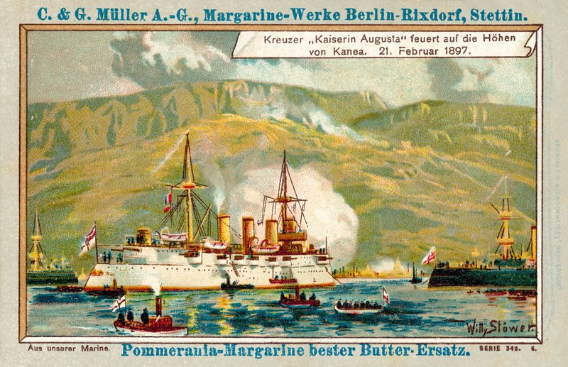 Den tyske krysseren Kaiserin Augusta skyter på høydene i Chania, Kreta, 21. februar 1897 (chromolitho) av Stoewer Willy
