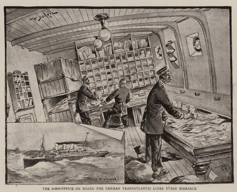 Postkontoret om bord på den tyske transatlantiske liner Furst Bismarck av Stoewer Willy