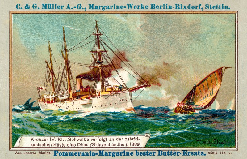 Den tyske krysseren Schwalbe følger en slaverens dhow utenfor den østafrikanske kysten av Willy  Stoewer 