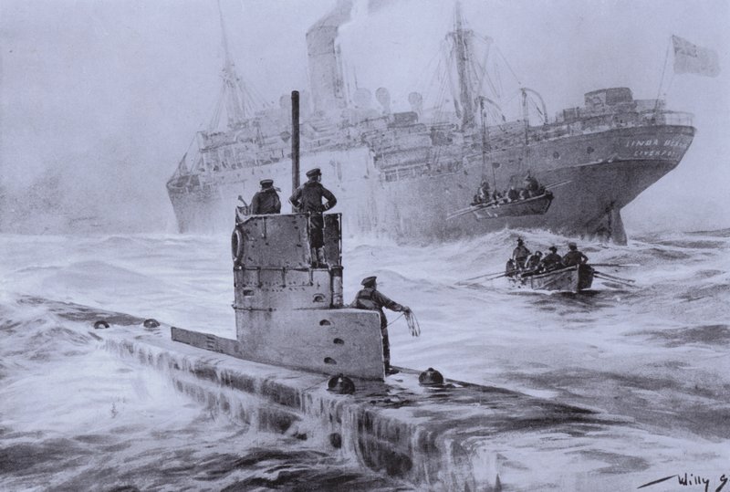 Senking av det britiske handelsskipet Linda Blanche av den tyske ubåten U-21 utenfor Liverpool, første verdenskrig, 30. januar 1915 (litho) av Willy  Stoewer 