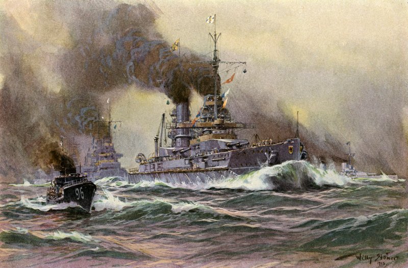 Tyske marineskip av linjen utenfor Kiel (farge litho) av Willy Stoewer 
