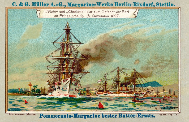 De tyske krigsskipene Stein og Charlotte i Port au Prince Harbour, Haiti, under Luders-affæren, 6. desember 1897 (chromolitho) av Stoewer Willy