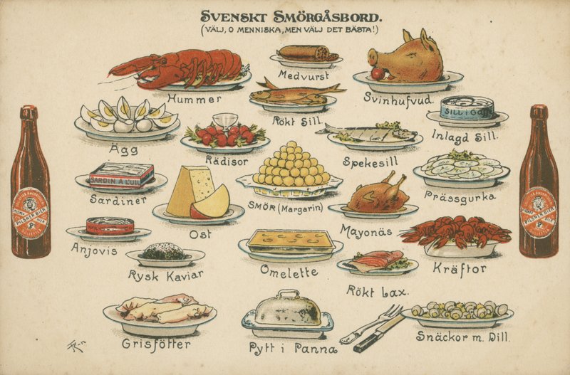 Svensk smorgasbord (farge litho) av Swedish School