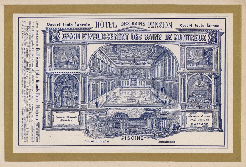 Annonse for Grand Etablissement Des Bains De Montreux (gravering) av Swiss School