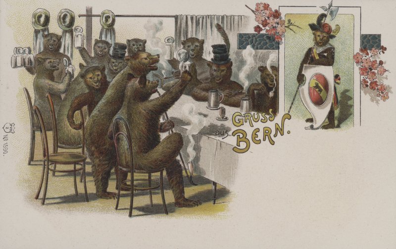 Bjørner som drikker øl, hilsen fra Bern, Sveits (chromolitho) av Swiss School