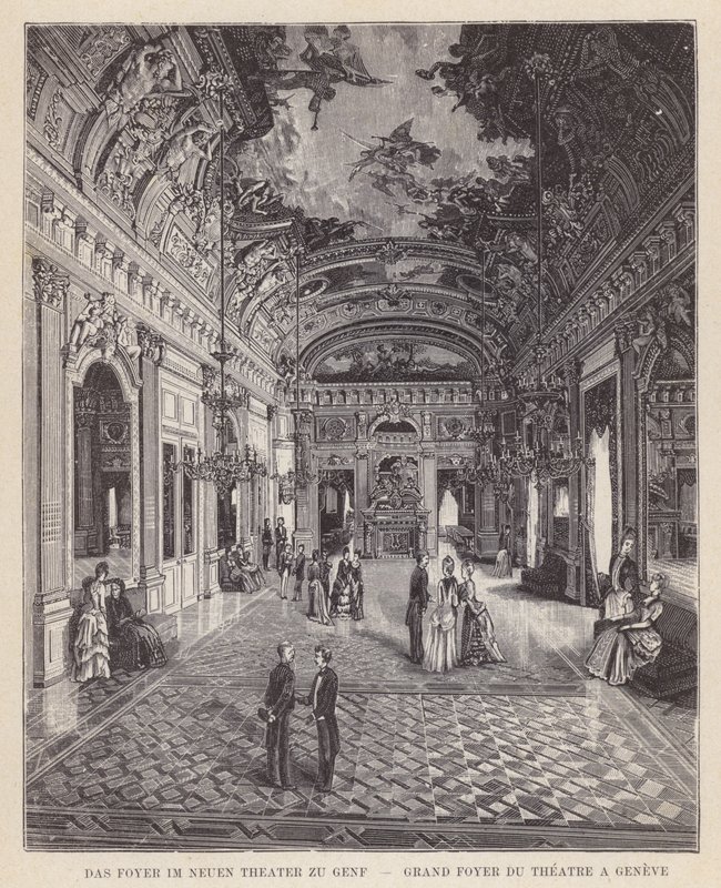 Foajeen i Det nye teatret i Genève, Grand Foyer du Theatre a Geneve (gravering) av Swiss School