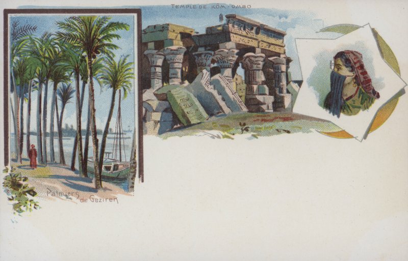 Egyptiske scener: palmer på bredden av Nilen ved Gezira, Kairo og tempelet Kom Ombo (chromolitho) av Swiss School