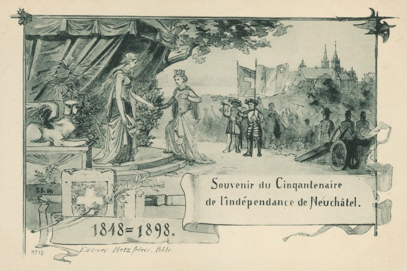 Femti års jubileum for at Neuchatel erklærte seg som en republikk i Det sveitsiske konføderasjonen i 1848 (litho) av Swiss School
