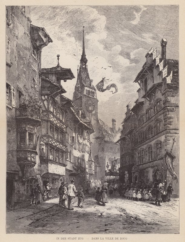 I byen Zug, Dans la Ville de Zoug (gravering) av Swiss School