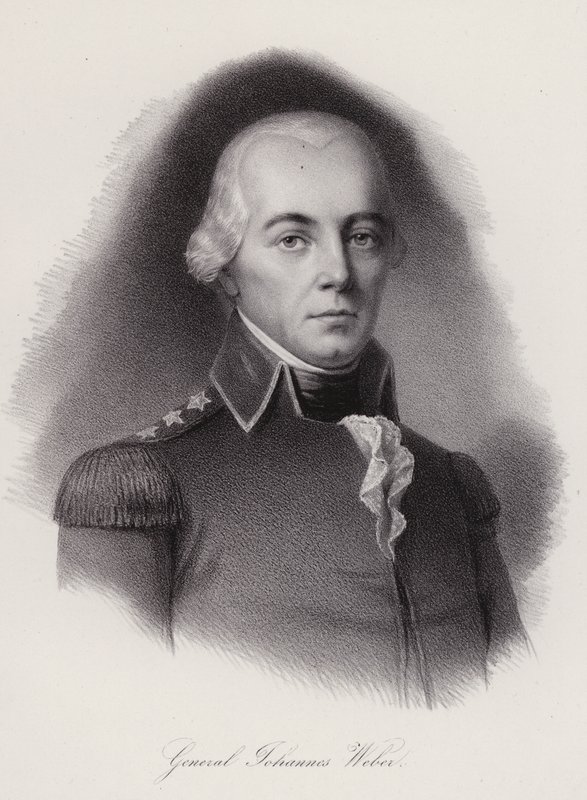 Johann Weber, sveitsisk general drept i slaget ved Frauenfeld (gravering) av Swiss School